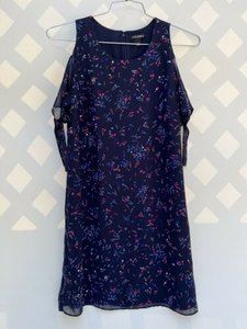 Roz & Ali Size 8 Blue Pink Floral Shift Dress Cold Shoulder Chiffon Tie Sleeve